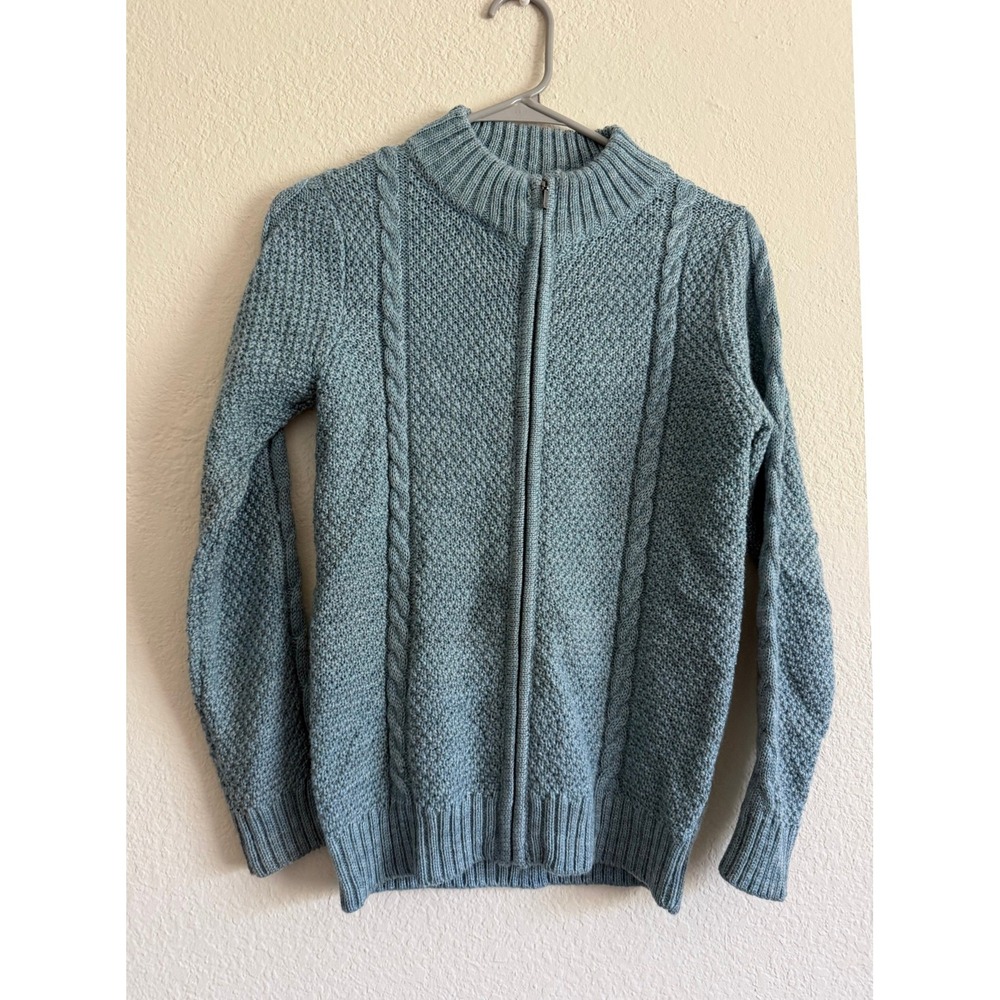 WoolOvers Blue 100% Wool Cable Knit Zip Up Cardigan Sweater Size XS Cottagecore
